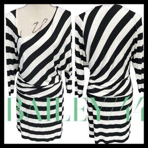 Bailey 44 Black/White Asymmetric Stripe Long Sleeve Raw Hem Jersey Dress (L)